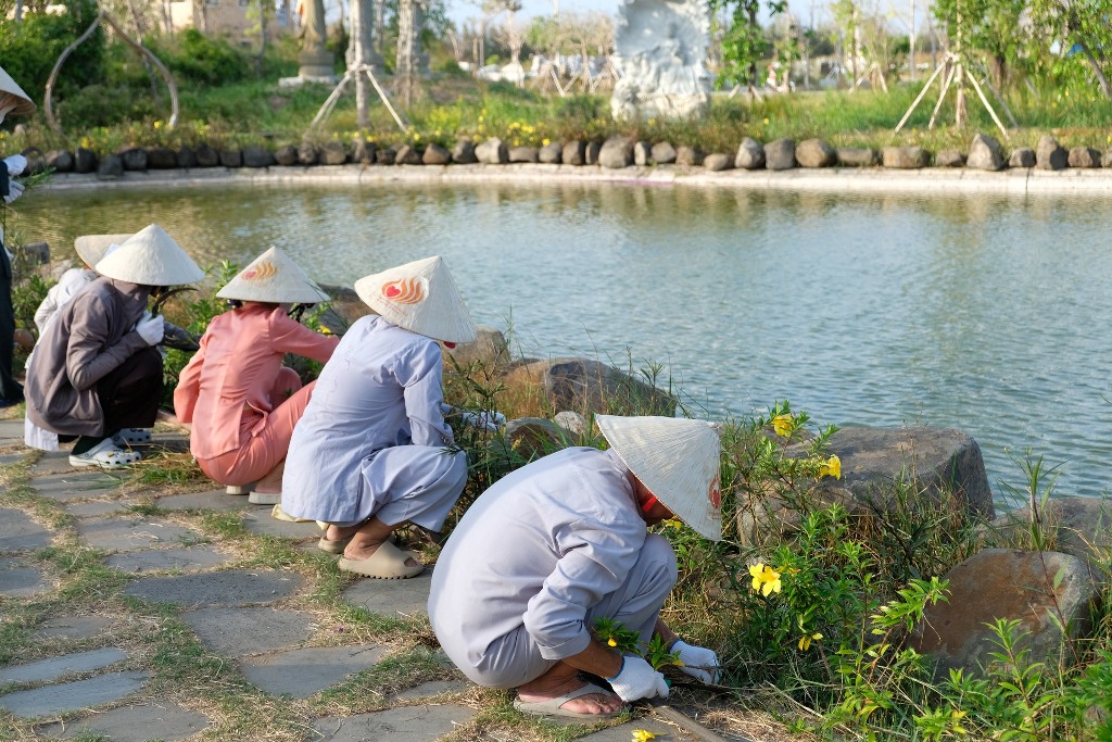 LÀM VƯỜN TRONG CHÁNH NIỆM: HÀNH GIẢ KHÓA TU PHƯƠNG TRỜI THONG DONG NHỔ CỎ QUANH HỒ TỊNH TÂM