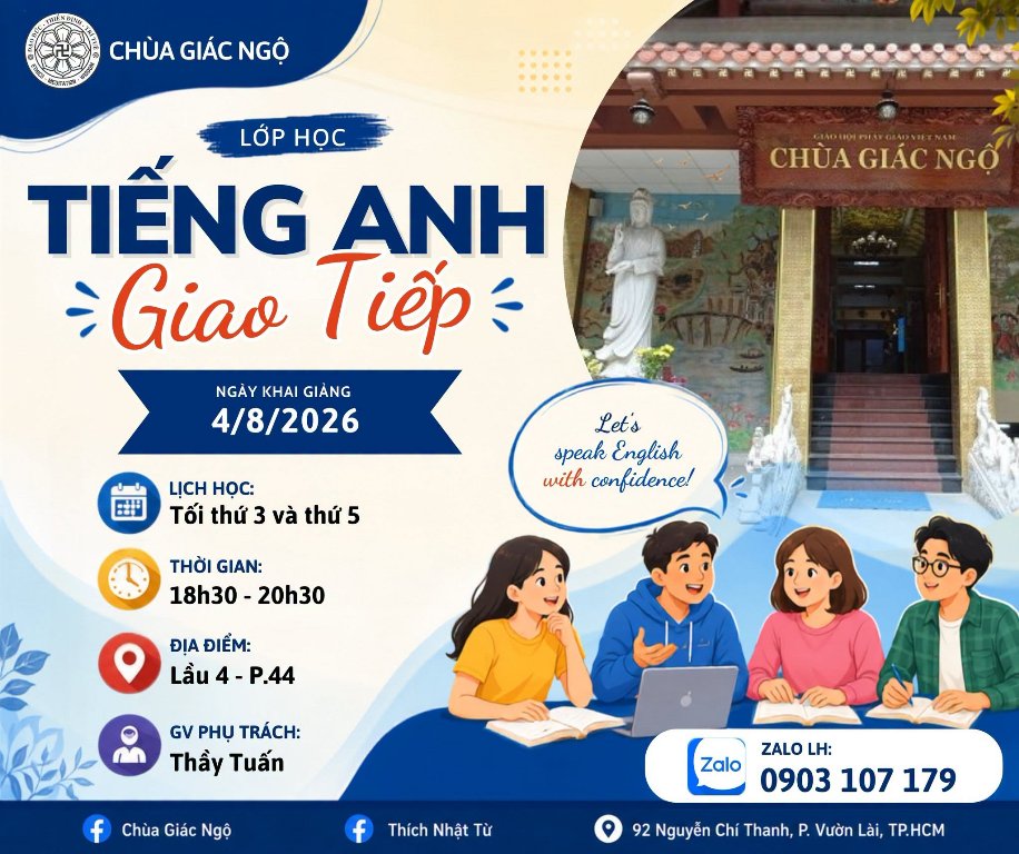 KÍNH MỜI THAM DỰ LỚP TIẾNG ANH GIAO TIẾP MIỄN PHÍ TẠI CHÙA GIÁC NGỘ