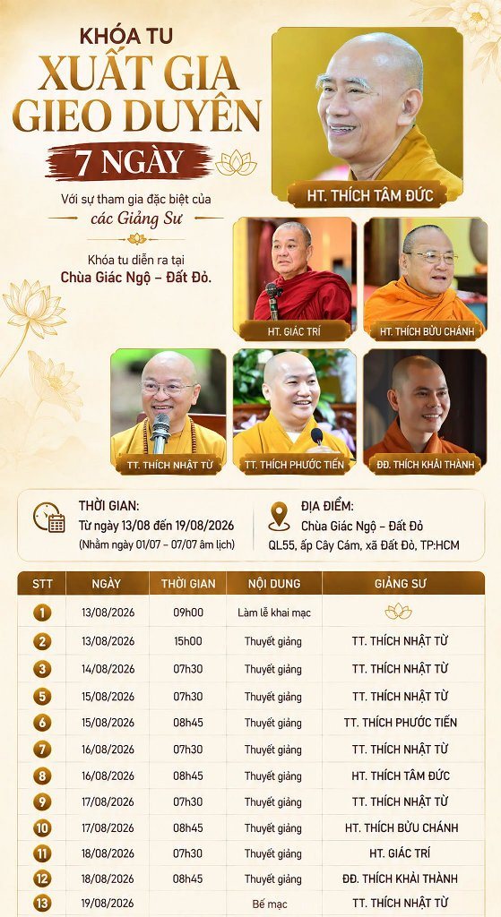 THÔNG BÁO: LỊCH THUYẾT GIẢNG KHÓA TU XUẤT GIA GIEO DUYÊN 2026 TẠI CHÙA GIÁC NGỘ - ĐẤT ĐỎ