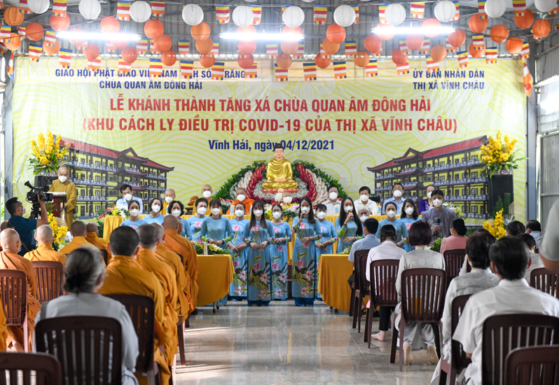 Lễ khánh thành tòa Tăng xá chùa Quan Âm Đông Hải, nơi làm khu cách ly điều trị Covid-19 của thị xã Vĩnh Châu, tỉnh Sóc Trăng